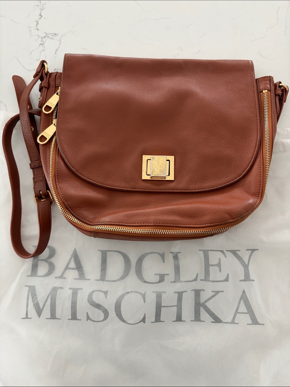 Badgley Mischka Chestnut Brown Leather Flap Crossbody with Gold Hardware